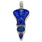 Sajen Silver by Marianna and Richard Jacobs Blue Lapis and Drusy Carved Elephant Sterling Silver Pendant